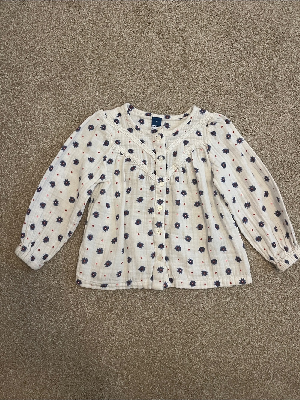 Cream Button-Front Floral Peasant Top